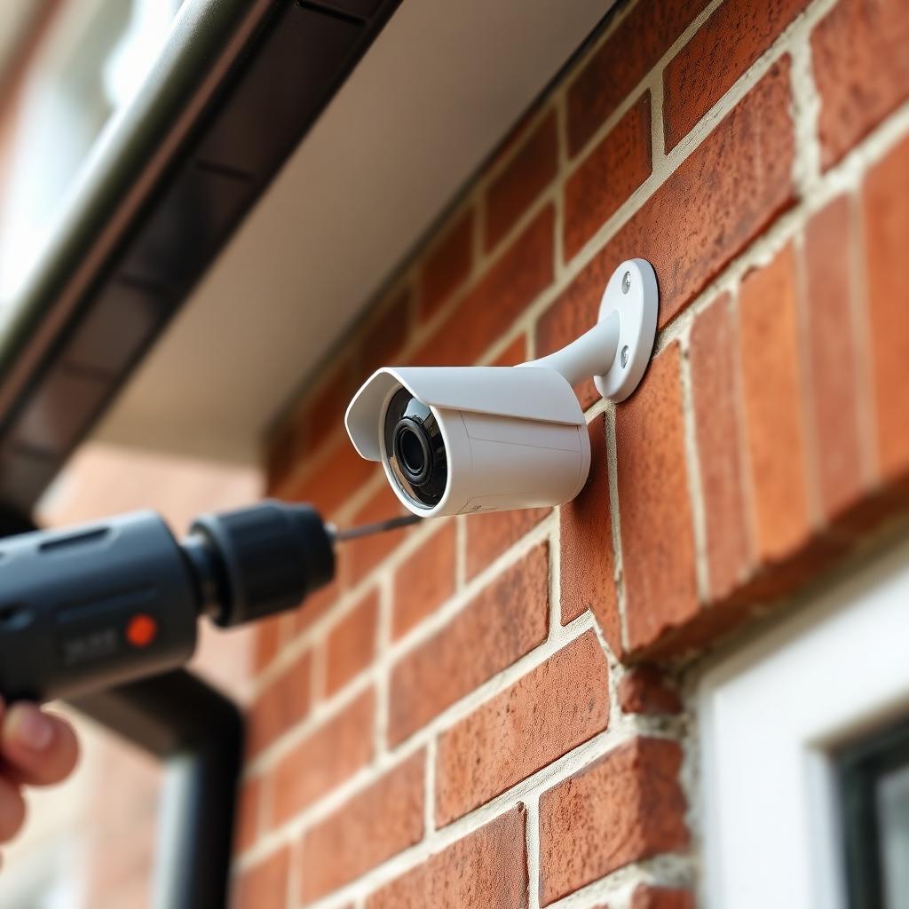 A security camera being installed on the exterior wall of a house.